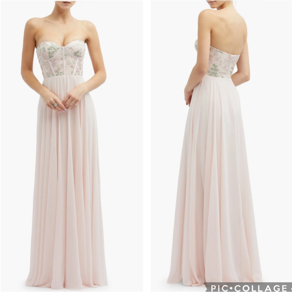 Dessy Collection 3136 Floral Embroidered Strapless Gown Blush 6